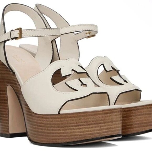 Gucci Interlocking G 110mm Leather High Heels Sandals Mystic White Size 40.5 - Picture 1 of 9